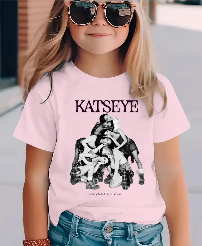 Summer short-sleeved shirt, girls' combination, Katseye pattern, children's casual cotton T-shirt