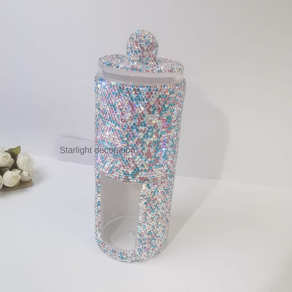 Luxury Acrylic Brush Organizer with Lid Sparkling Rhinestones Cosmetic Makeup Organizer Box Round Storage Container