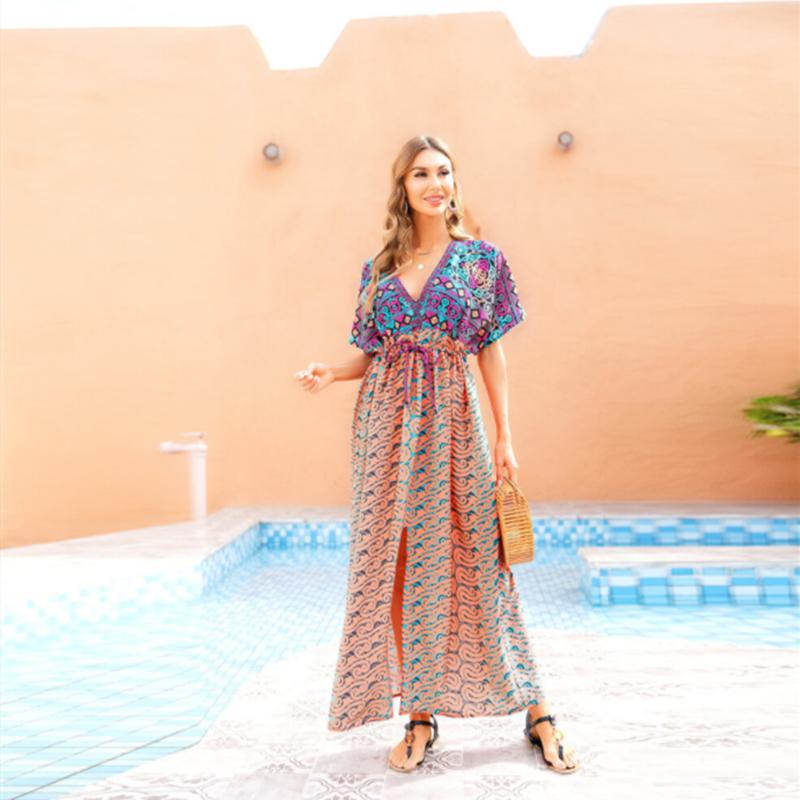 Накидки на бикини, богемное кимоно с принтом, зеленая туника, женская пляжная одежда больших размеров, Глубокий v-образный вырез спереди, открытое макси-платье, купальный костюм, накидка