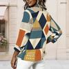 Women Plus Size Round Neck Long Sleeve Geometric Printed Curved Hem Blue Beige Pink Casual Top
