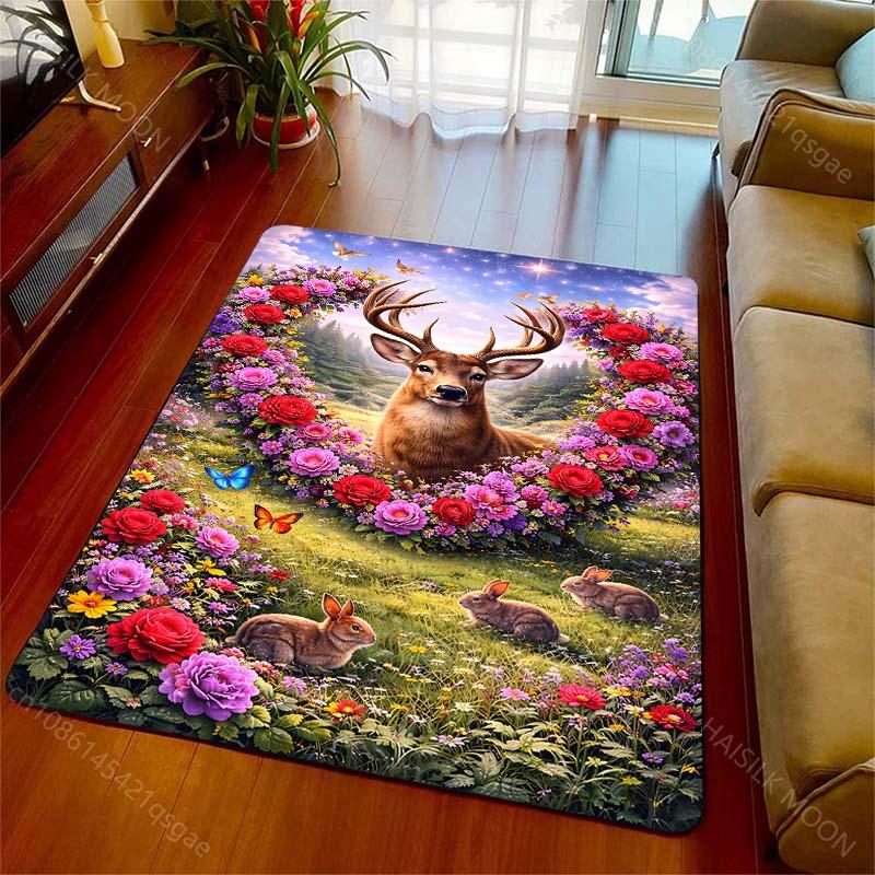 1PC Deer and rabbits in floral wreath Print Carpet Rug for Living Room Bedroom Sofa Doormat Home Decor Non-slip Floor Mat