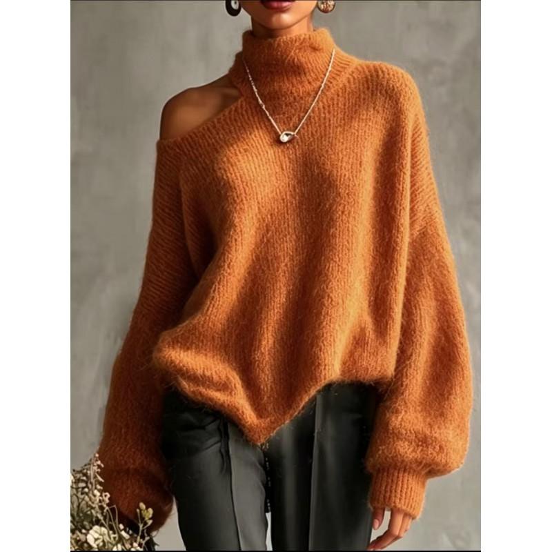 Womens Oversized Turtleneck Knit Sweater Loose Fit Shoulder-Exposing Pullover Winter 2026