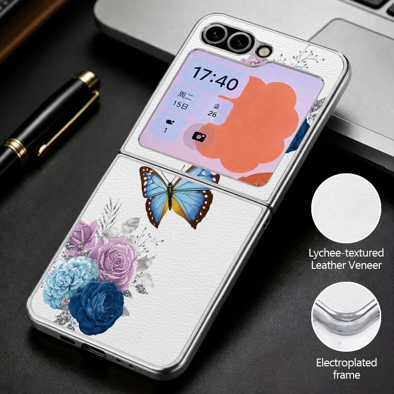 Роскошный чехол с принтом бабочек для Samsung Galaxy Z Flip 8 7 6 5 Flip8 Flip7 Flip6 Гибридный 3-в-1 Кожаная накладка с металлическим ободком Жесткий чехол для складного телефона