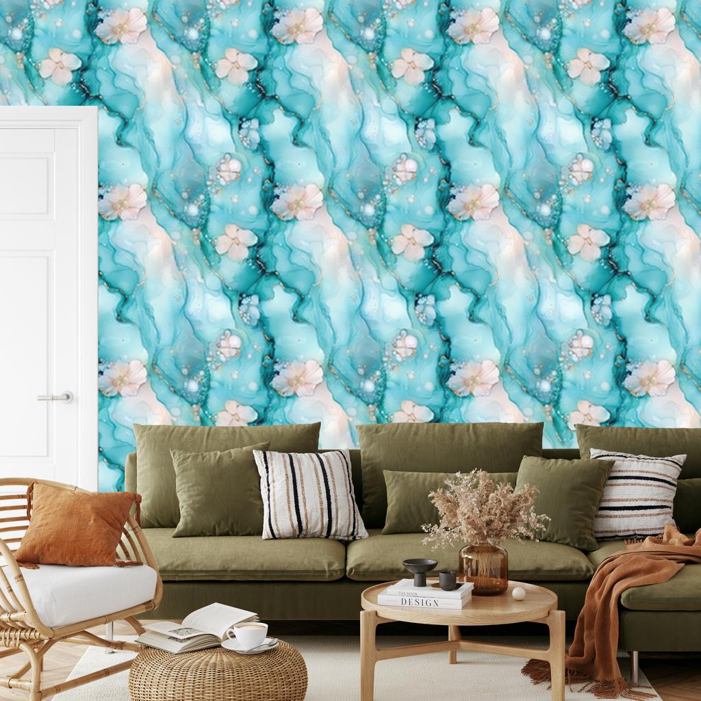 Ink Wallpaper Turquoise, Celadon, Light Gray and White 50x1000