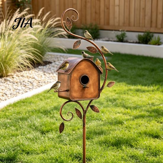 Rustic Bird Station Metal House Garden Stakes, Feeder Decor, Weatherproof Gift for Lovers Iron Art Decor Outdoor Lawn Yard Flower Bed Decoration Wild