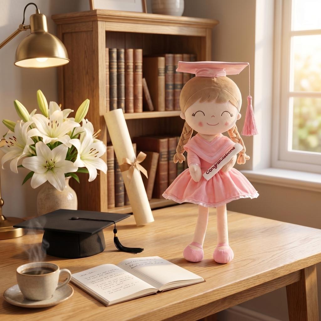 Graduation Plush Doll Girl Milestone Keepsake Soft Toy with Gown Cap and Congratulations Sash for Kindergarten High School University