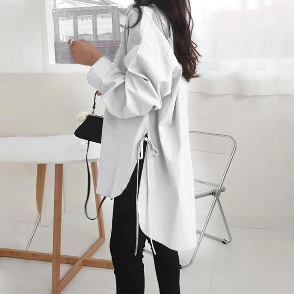 Модная повседневная однотонная рубашка с длинными рукавами и лацканами свободного типа для женщин