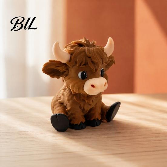 Unique Birthday Presents 3D Printed Highland Cow Figurines, Cartoon Sitting Sculpture, Cute Animal Novelty Gifts for Children Ornament Desk