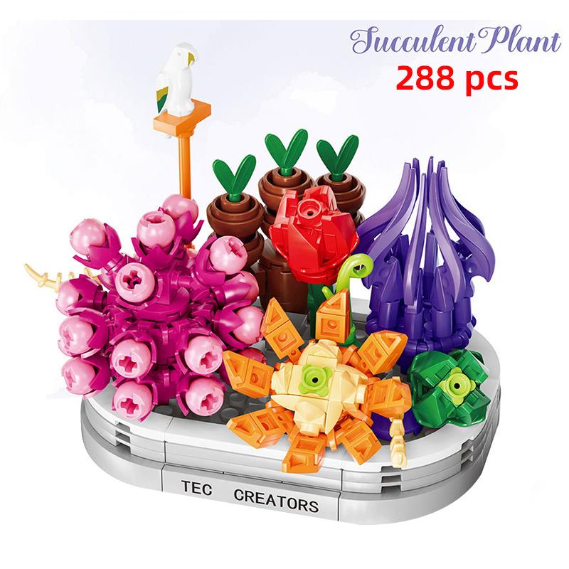 MOC креативные идеи, букет цветов, бонсай, суккуленты, строительные блоки, кирпичи, детские строительные игрушки для друзей, подарки для девочек