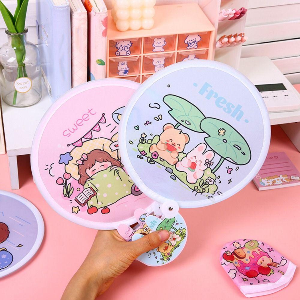 Cartoon Group Fan Round Pocket Fan Mini Portable Fan Folding Fan  for Beach