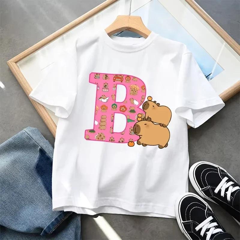 Cute Capibala Letter Printed Short Sleeved Pure Cotton Tshirt for Children Comfortable and Breathable Top Gift 2025