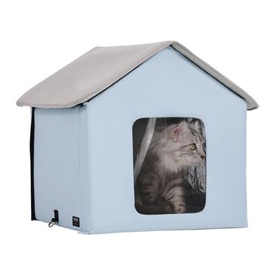 Heated Cat House Foldable Kitty Shelter with Heated Pad Blue Small