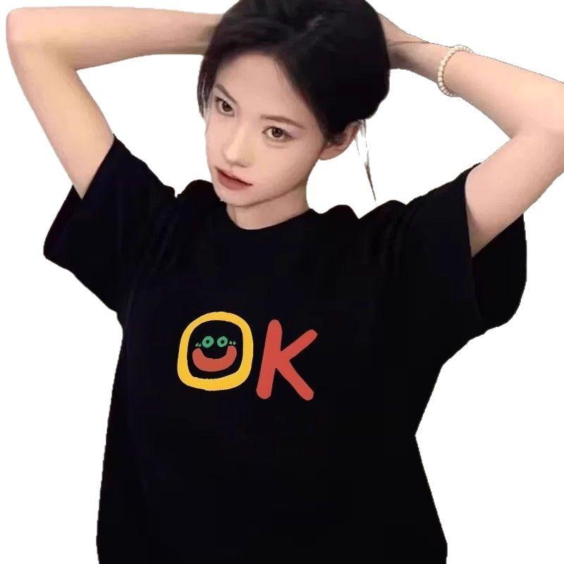 Pure cotton American retro high street black short-sleeved t-shirt women's new summer design loose large size half-sleeved top