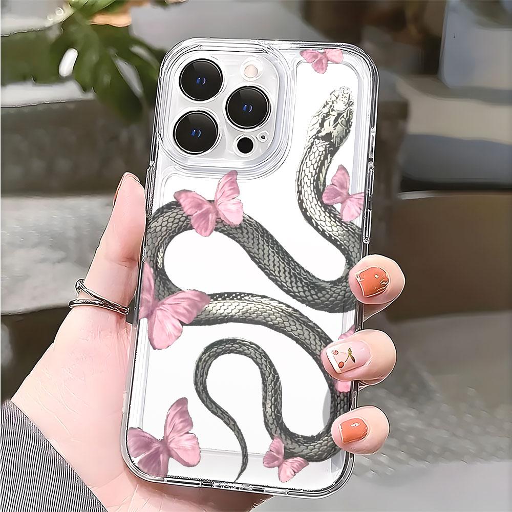 Snake with Pink Butterflies Phone Case for IPhone 17 15 16 14 13 12 11 Pro Max Plus 12 13 Mini TPU Protect Cover