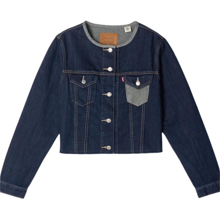 Levis Удобная Минималистичная Джинсовая Куртка Шорты в Стиле Колорблок с Одной Пуговицей и Круглым Вырезом Длинные Рукава Женские куртки 0052H-0001