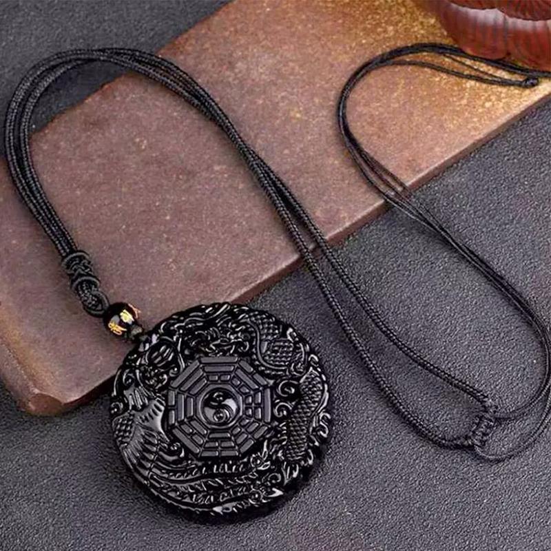 Натуральный черный обсидиан, вырезанный вручную китайский дракон, птица феникс, амулет багуа, ожерелье для женщин и мужчин, талисман удачи, амулет, кулон