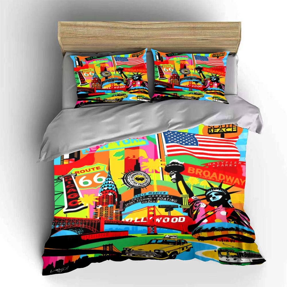 Colorful USA Cityscape Art Decor Bedding Set with 1 Duvet Cover 2 Pillowcases Single Double King Queen, Gift