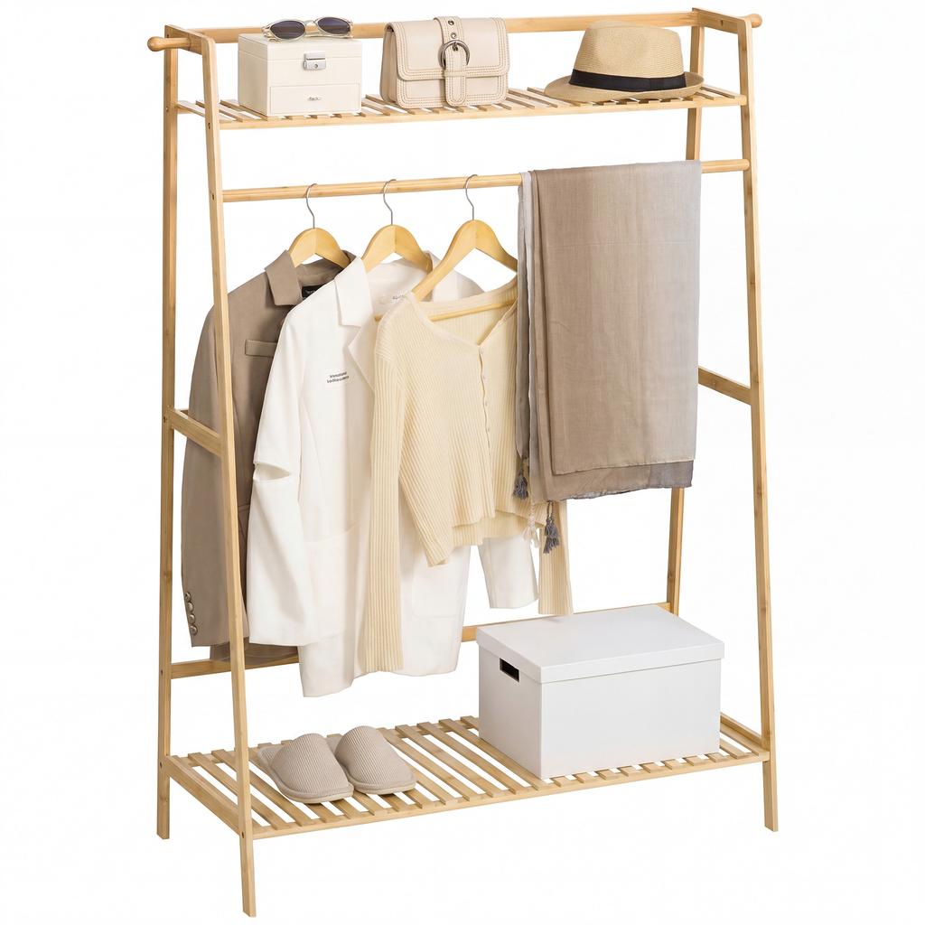 Clothes Rack Wardrobe Coat Stand With 2 Shelves 2 Hooks And 1 Hanging Bar In Bamboo