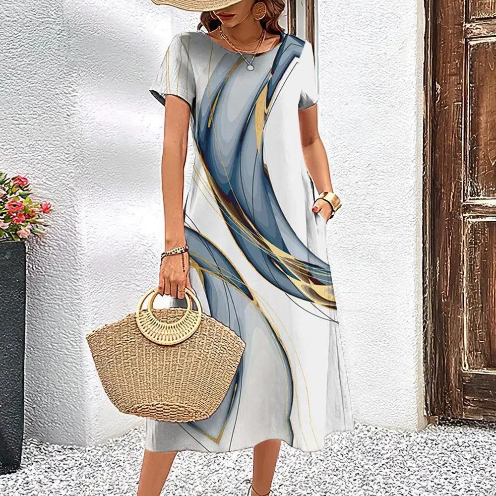 Элегантное женское платье летнее платье с короткими рукавами полосатая принтованная женская одежда свободная юбка А-силуэта повседневный круглый воротник пуловер