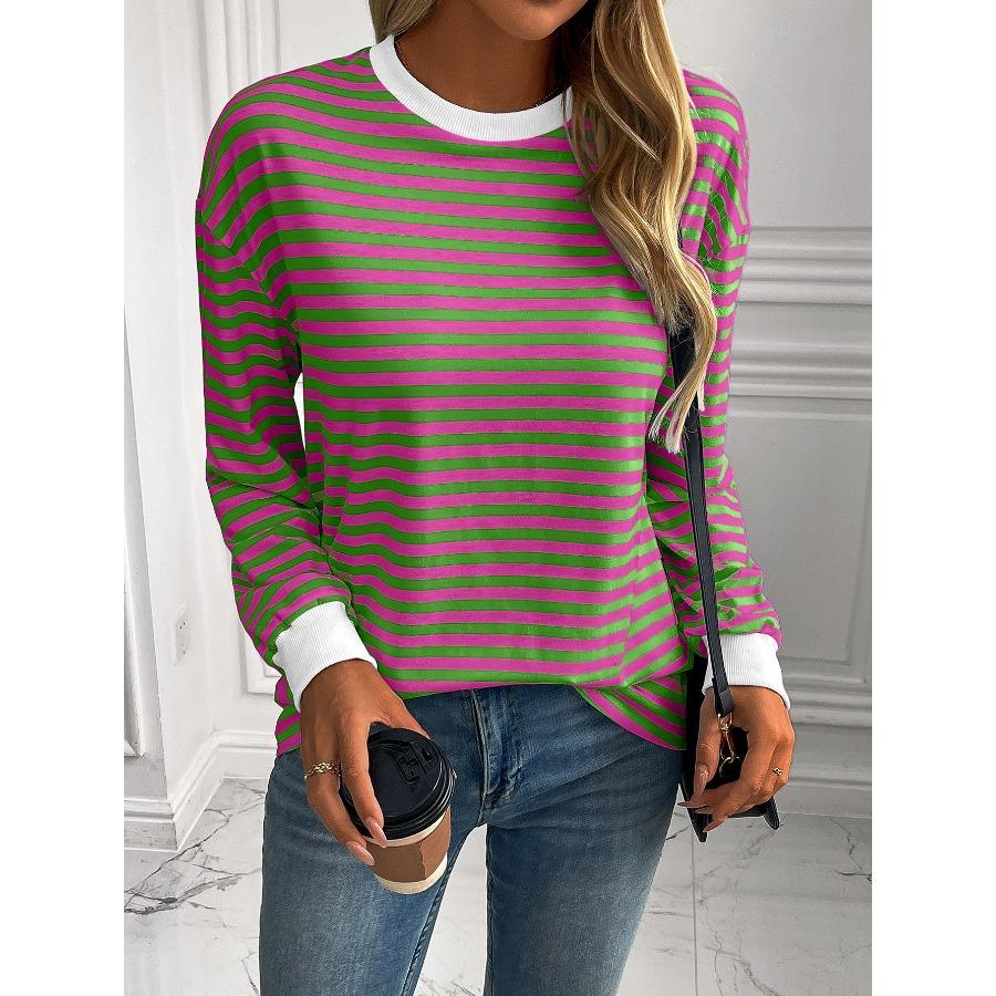 Striped T-Shirts Women’s Loose Long Sleeve Pullover Round Neck T-shirt Top