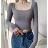 Pure Cotton Square Neck Large Neckline Bottoming Shirt for Women with Design Hot Girl Tops Right Shoulder Long Sleeve Slim Fit Women's T-shirt