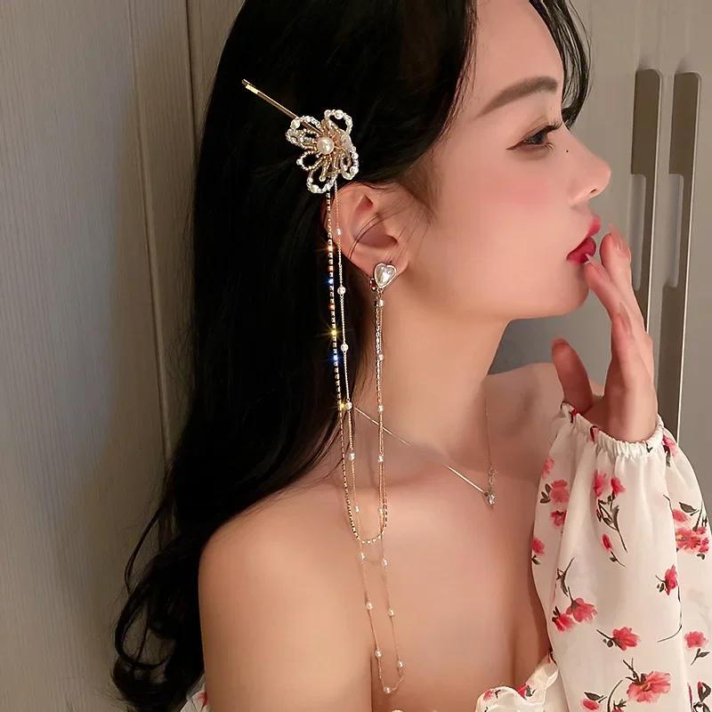 One-Piece Cartilage Clip Ear Love Heart and Flower Shape Hairpin Long Dangle Earrings for Women Fashionable Styling Accessories
