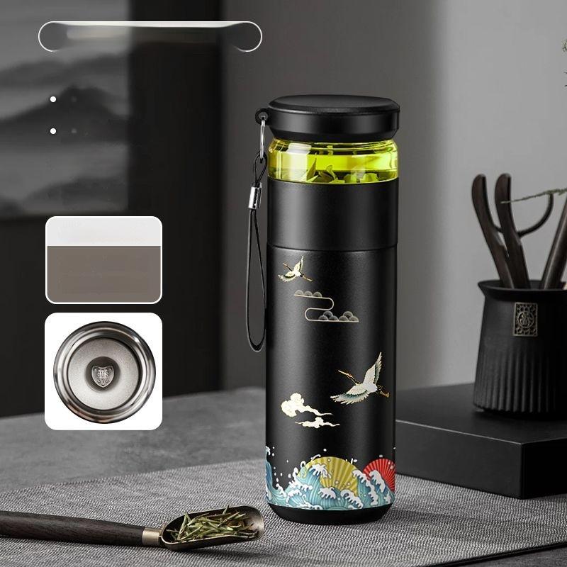 GIANXI 500 мл Термос из нержавеющей стали с крышкой Портативные вакуумные фляги Рисунок японского журавля Бутылка для кофе, чая, воды