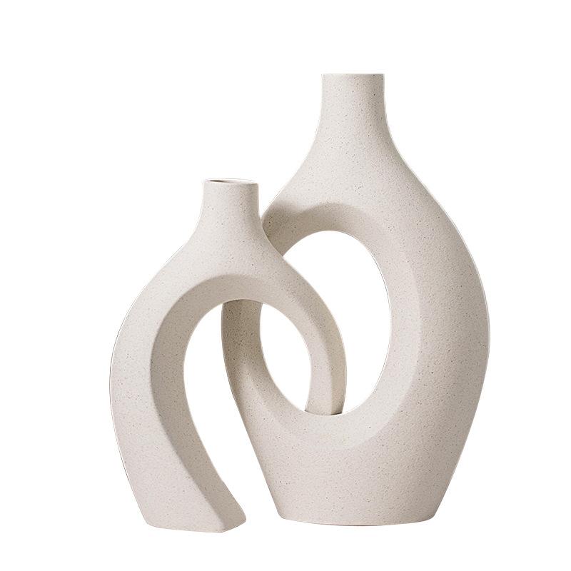 Off White and Black Hollow Ceramic Vase Set of 2, Round Modern Vase Nordic Style Decor Boho Vases for Home Living Room Coffee Table Decorative 28cm