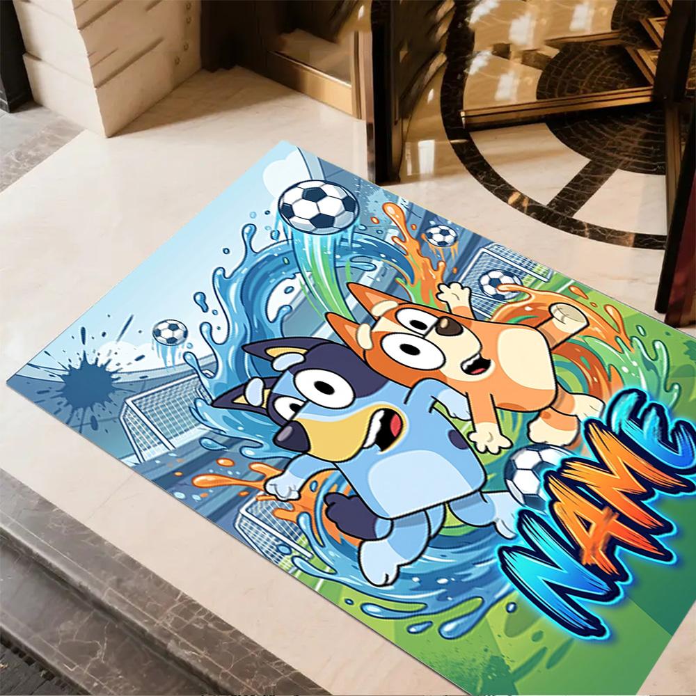 Bluey Soccer Adventure Customizable Name Floor Rug Office Rug Suitable for Balcony Entryway Decorate room Outdoor Antislip Carpet Anime Office Decor