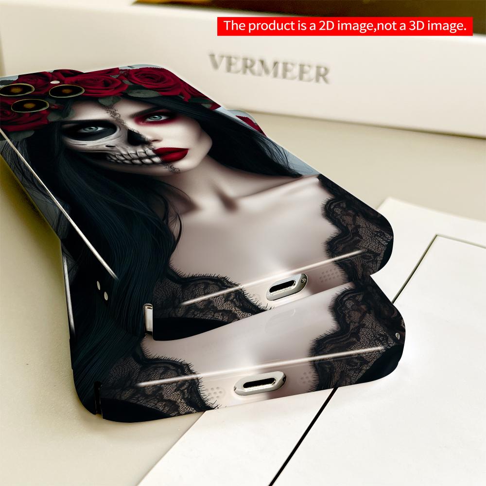 2DFlat Red Rose Skull Woman Phone Case All inclusive film hard phone case, compatible with iPhone 18 Pro Max 17 16 15 14 13 12 11