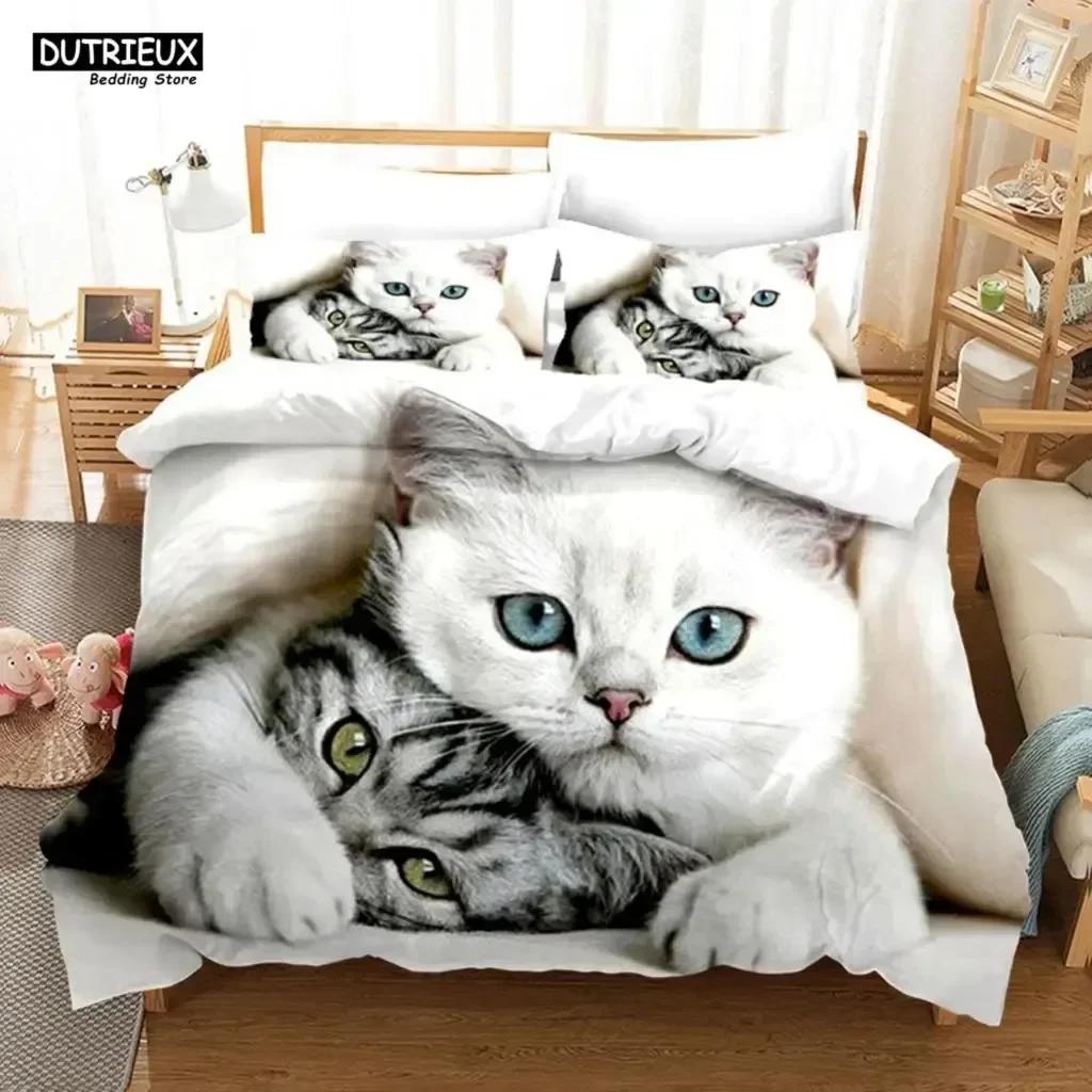 Очаровательный Прекрасный Котёнок Белый Черный Комплект Постельного Белья 3D Печать Подходит для Спальни Мягкое Пододеяльник с Наволочками Детский Детский Домашний Текстиль
