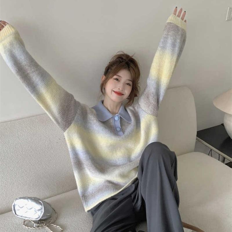 Градиентный свитер с воротником-поло в ленивом стиле для женщин, осень-зима 2023, дизайнерский смысл, нишевый вязаный свободный свитер, пуловер, женский топ