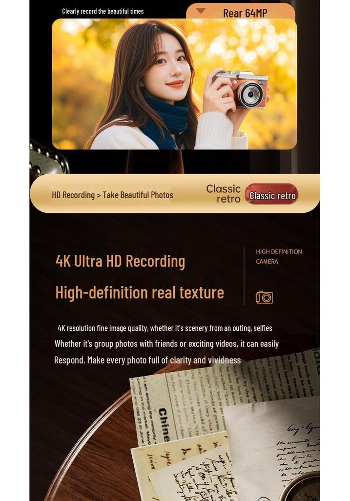 4K HD Retro Digital Camera, 64MP, Dual Lens, 16x Optical Zoom, Ideal for Student Photography
