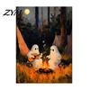 Spooky Home Wall Decoration Vintage Cute Ghost Canvas Art, 2 Ghosts Campfire Art for Living Rooms Hanging Poster, Gothic Halloween Bedroom Room