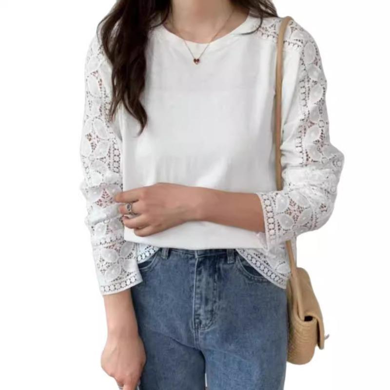 Хорошее качество осень зима японский корейский однотонный кружевной пуловер круглый вырез свободная футболка с длинными рукавами для женщин