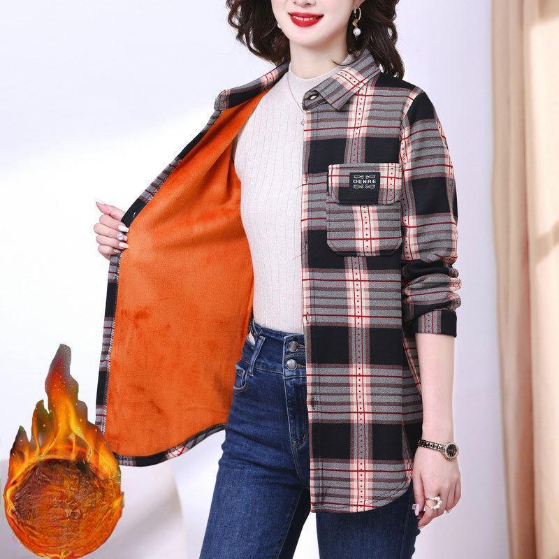 Женская рубашка с длинными рукавами из бархата осень-зима плюс, блузка, клетчатая рубашка