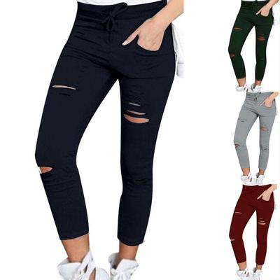 Брюки-карго женские модные тонкие с высокой талией эластичные узкие брюки-карандаш с рваными отверстиями однотонные уличные брюки