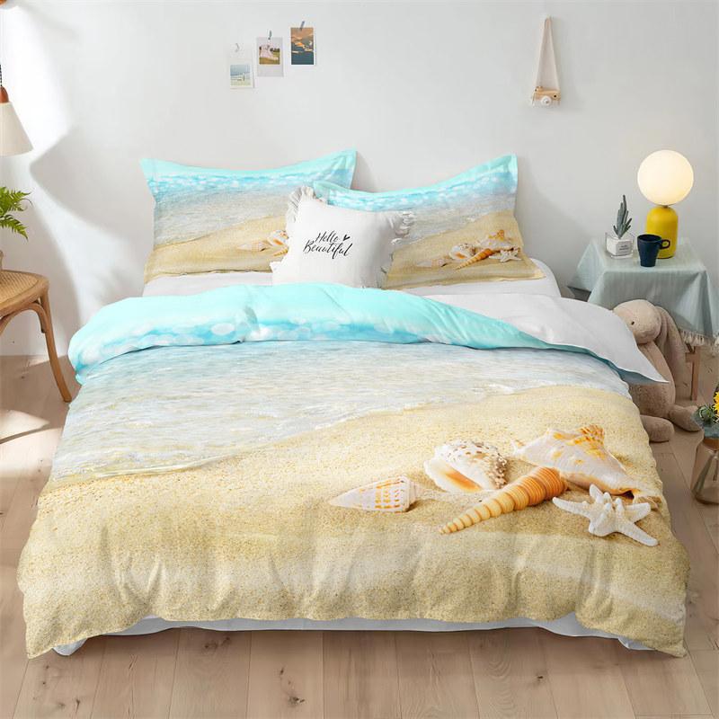 Beach Theme Duvet Cover Set Blue Ocean Bedding Set King Queen For Kids Girls Microfiber Seashell Starfish Print Comforter Cover