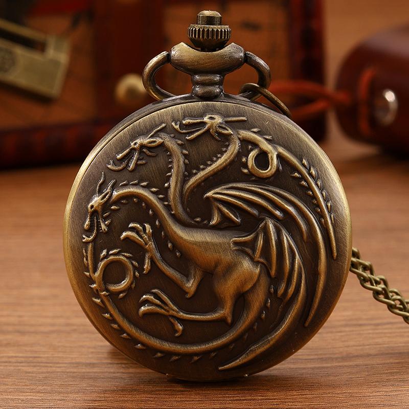 2 шт./набор, 1 шт. ретро модные мужские часы с тремя головками дракона дизайн корпуса кварцевые карманные часы и 1 шт. роскошное мужское ожерелье, идеальный выбор для подарков мужчинам