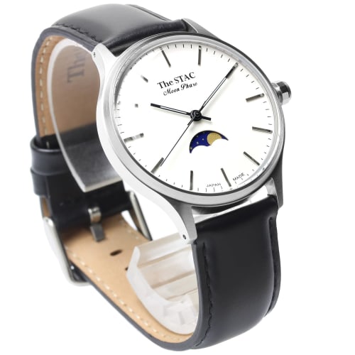 The STAC Japanese-made Wristwatch, 36mm, Antique Retro Design, Moon Phase, Bar Pattern with White and Black Accents, ST-MF001, for Men and Women, Unis