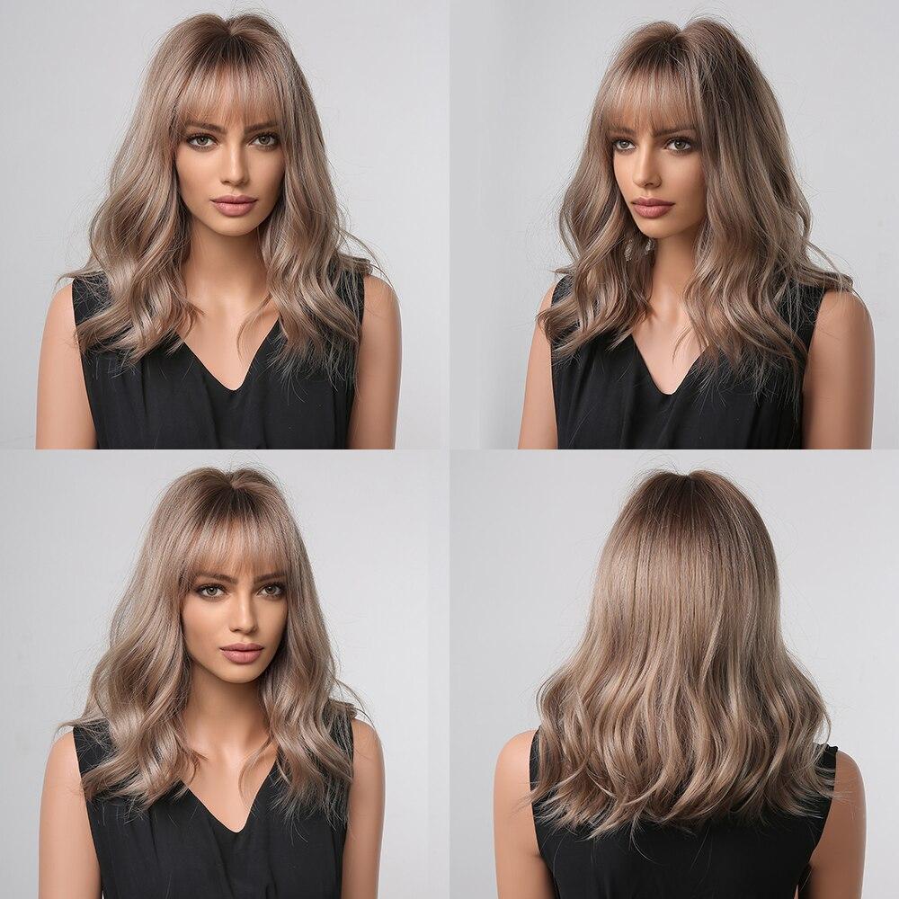 ALAN EATON Длинные волны Ombre Коричневые светлые парики с челкой Высокотемпературное волокно Синтетические парики для чернокожих женщин Афро Парики для косплея