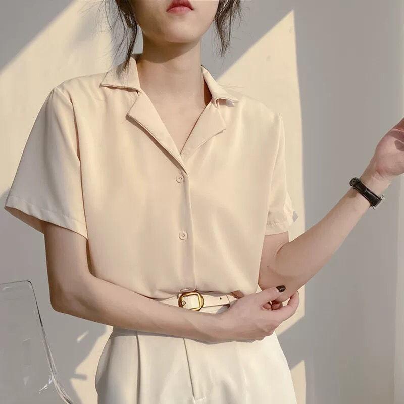 Office Lady Retro Korean Style Lapel Solid Short Sleeve Casual Shirt