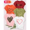 Five-piece set Elegant short-sleeved shirt for women Heart-shaped leopard print series women's short-sleeve top is suitable for spring and summer