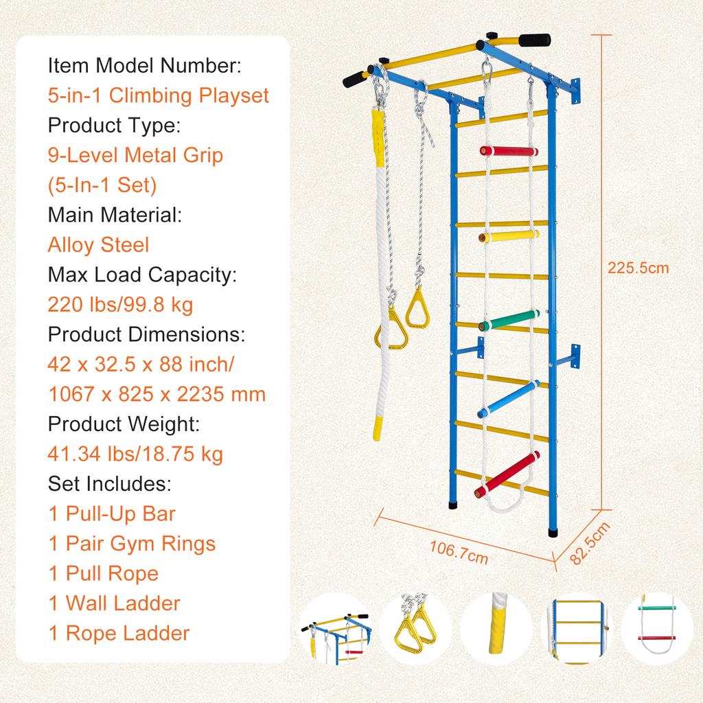 5 in 1 Climbing Toys for Toddlers, Indoor Kids Gym for Exercise, Steel Ladder Wall Set with Pull-up Bar, Rope, Gymnastic Rings, Boys Girls Gift