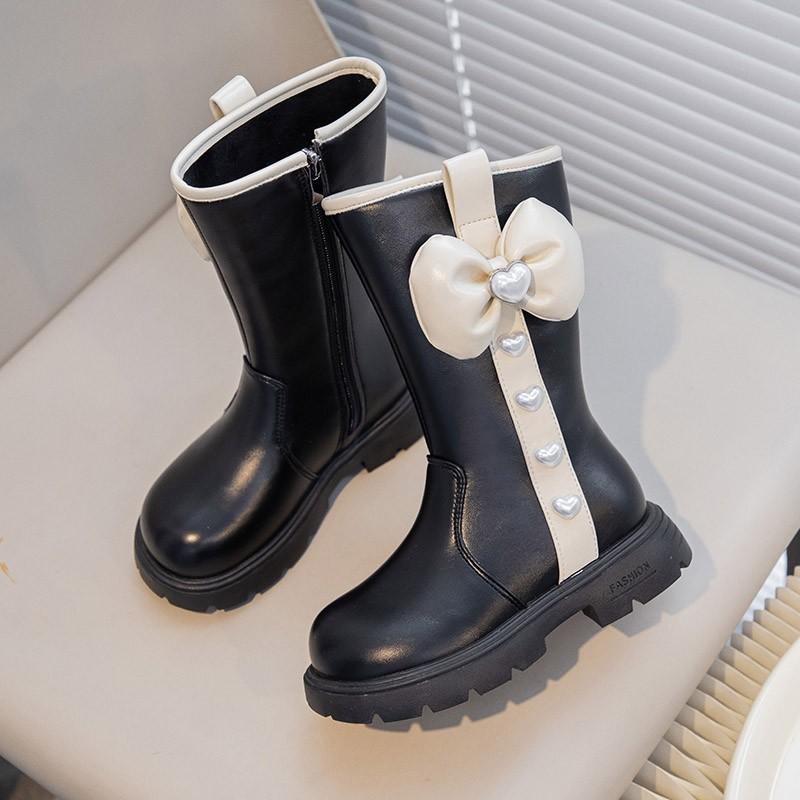 Children's Ankle Boots Girls Fashion Boots with Bow-knot Soft Bottom Love Pattern Little Kids High Leather Boots Anti-Slippery