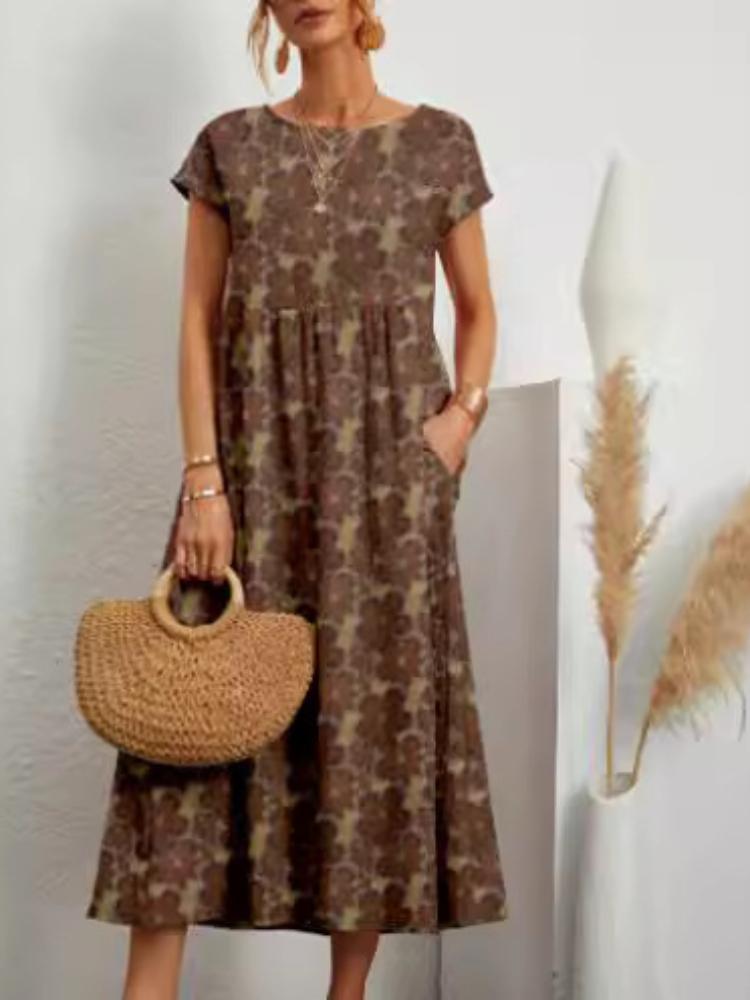 Women Dress Round Neck Printed Short Sleeved A-line Maxi Skirt Unique Floral Long Dresses
