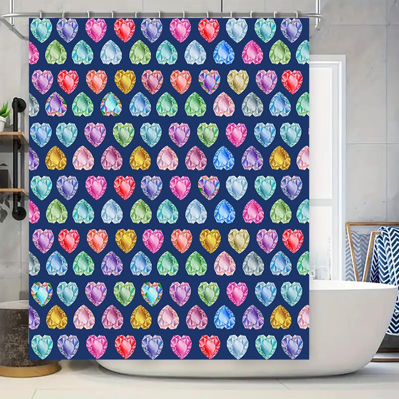 Colorful Gem Shower Curtain Set Bath Decor with Heart Shape Design Washable Fabric for Bathroom Various Colors Available