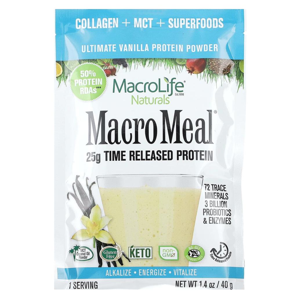 Macrolife Naturals Macro Meal Ultimate Superfood, Vanilla Protein + Superfood, 10 Packets, 1.4 Oz (40 G) Each
