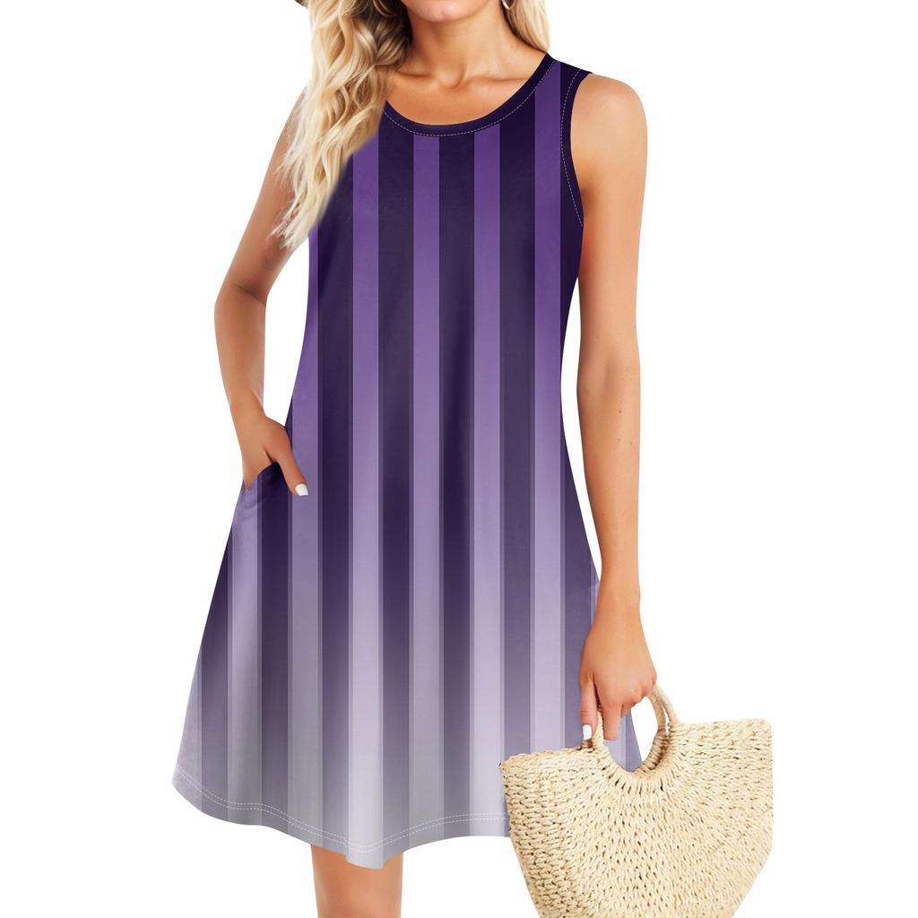 Летние платья для женщин Пляжный Бохо без рукавов Винтажный принт Футболка с карманами Сарафаны-майки