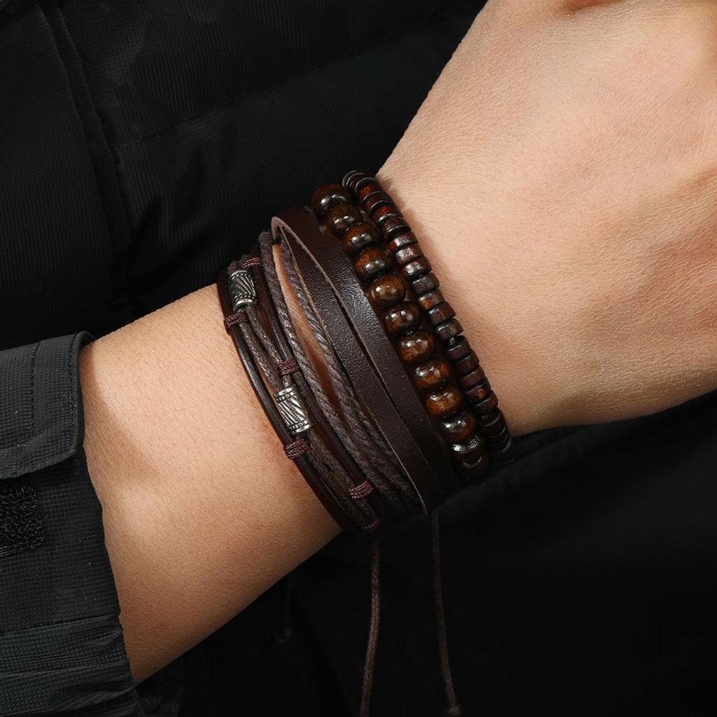 4PCS Fashion Vintage Multi-Layer Wooden Beads Trendy Accessories Men's Bracelet